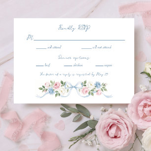 Watercolor Pink, White and Blue Roses & Ribbon RSVP Card