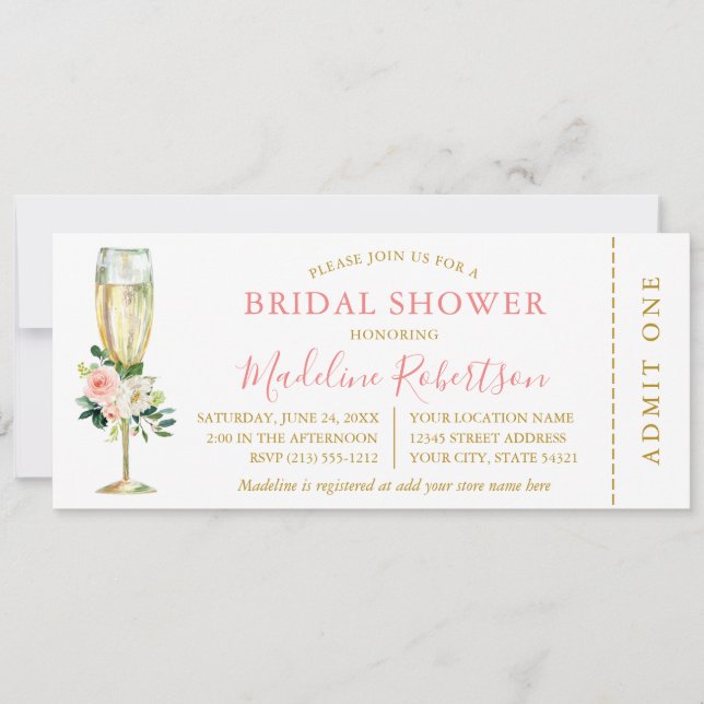 Watercolor Pink White Floral Bridal Shower Ticket Invitation (Front)