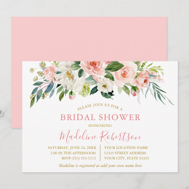 Watercolor Pink White Floral Gold Bridal Shower Invitation (Front/Back)