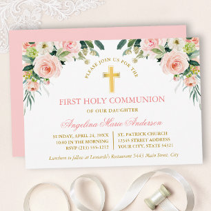 Watercolor Pink White Floral Gold Communion Invitation
