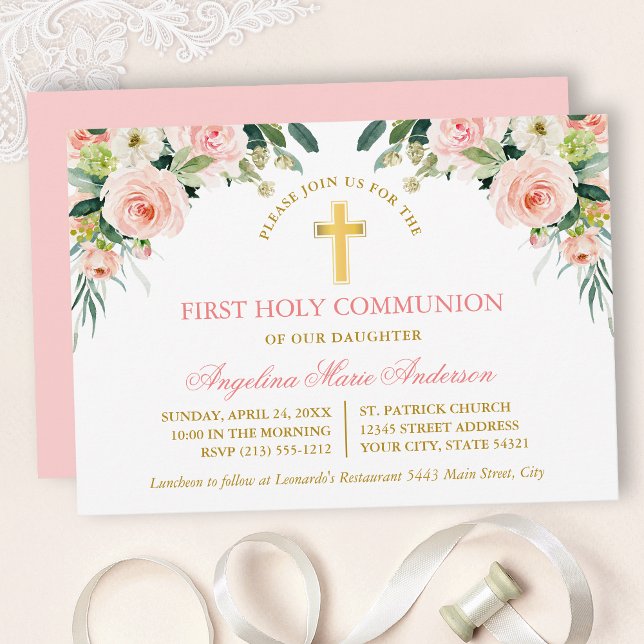 Watercolor Pink White Floral Gold Communion Invitation (Customize to change text color, text style or color of back of card.)