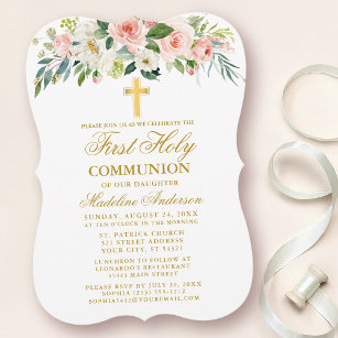 Watercolor Pink White Floral Gold First Communion Invitation