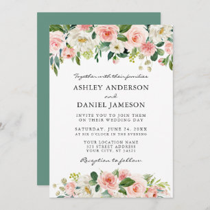 Watercolor Pink White Floral Greenery Wedding Invitation