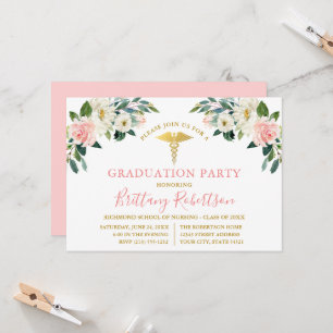 Watercolor Pink White Floral Medical Grad Party Invitation