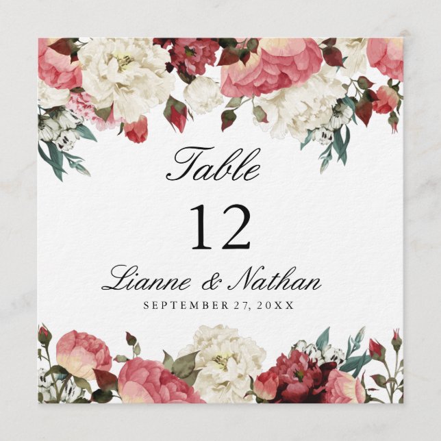 Watercolor Pink & White Floral Table + Menu Card (Front)