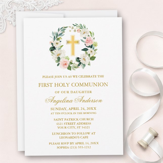 Watercolor Pink White Floral Wreath Gold Communion Invitation (Customize to change text size, text style or color.)