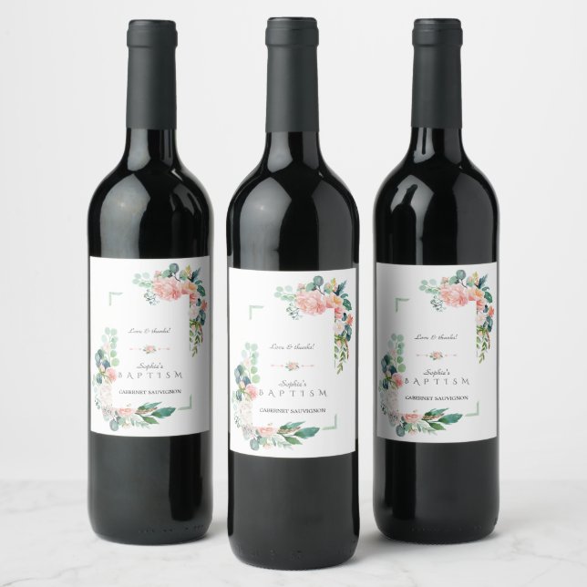 Watercolor Pink White Flowers Green Frame Baptism Wine Label (Bottles)