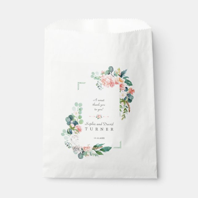 Watercolor Pink White Flowers Green Frame Wedding Favour Bag (Front)