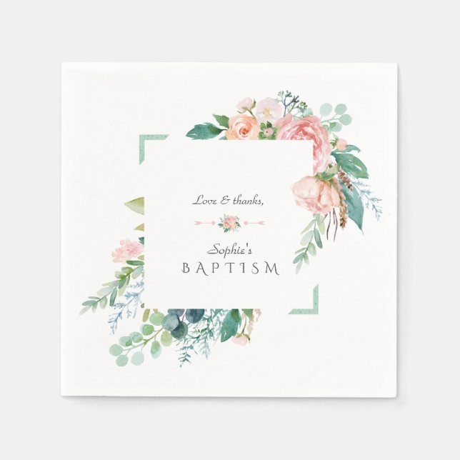 Watercolor Pink White Flowers Green Frame Wedding Napkin (Front)