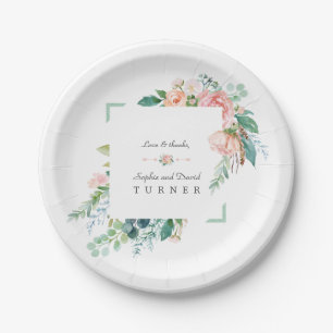 Watercolor Pink White Flowers Green Frame Wedding Paper Plate