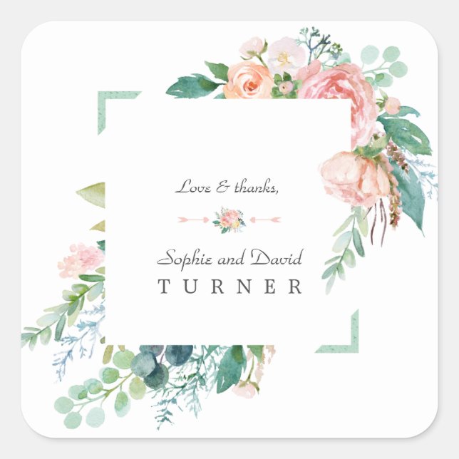 Watercolor Pink White Flowers Green Frame Wedding Square Sticker (Front)