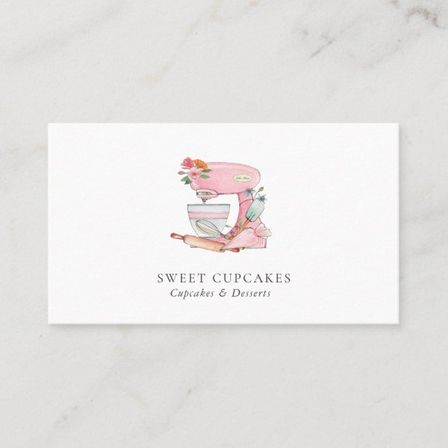Watercolor Pink & white mixer Bakery Business Card (Front)