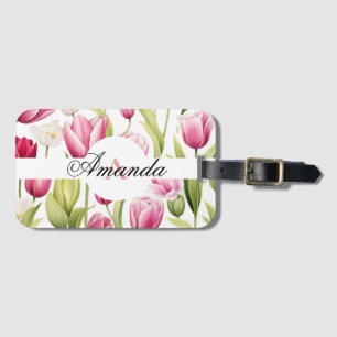 Watercolor Pink & White Monogram Tulip Pattern Luggage Tag