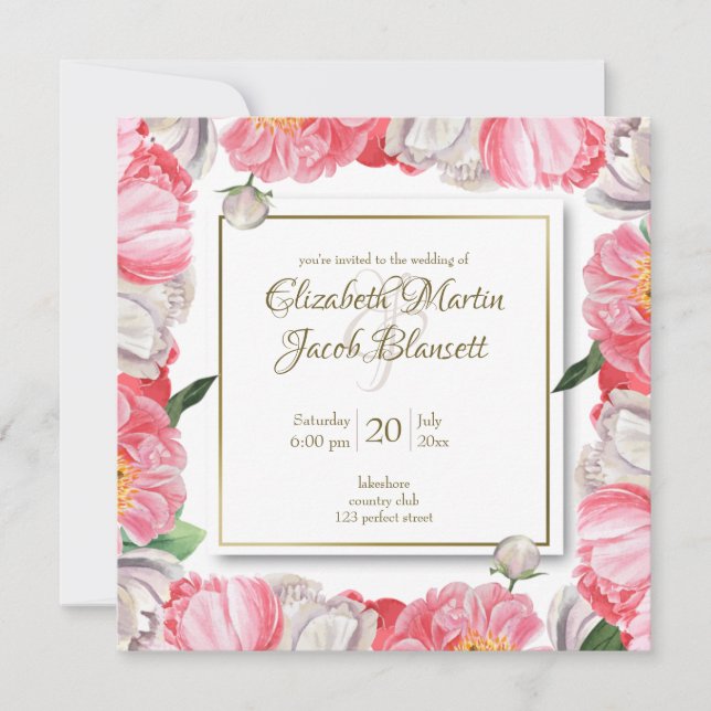 Watercolor Pink & White Peonies Floral Wedding Invitation (Front)