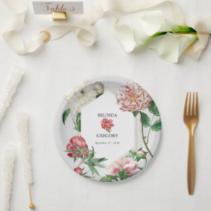 Watercolor Pink White Peonies Flowers Wedding Paper Plate