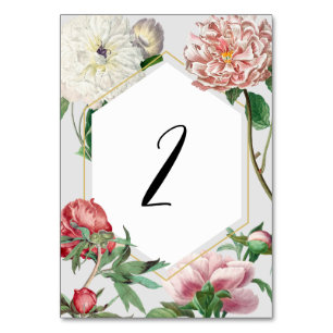 Watercolor Pink White Peonies Flowers Wedding Table Number
