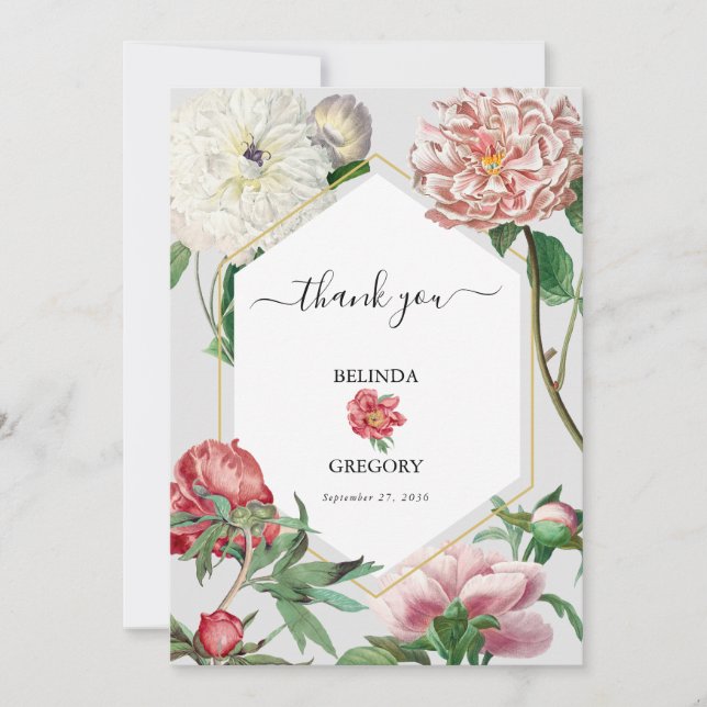 Watercolor Pink White Peonies Flowers Wedding Thank You Card (Front)