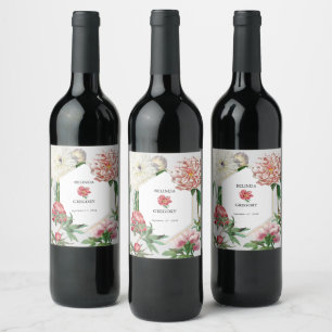 Watercolor Pink White Peonies Flowers Wedding Wine Label