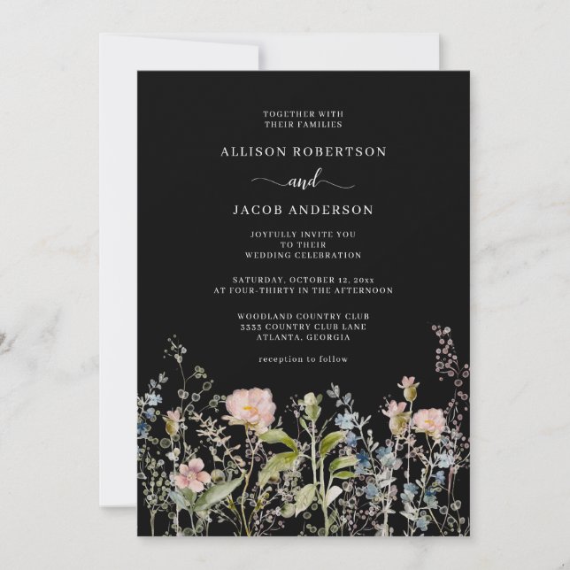 Watercolor Pink Wildflower Floral Black Wedding Invitation (Front)