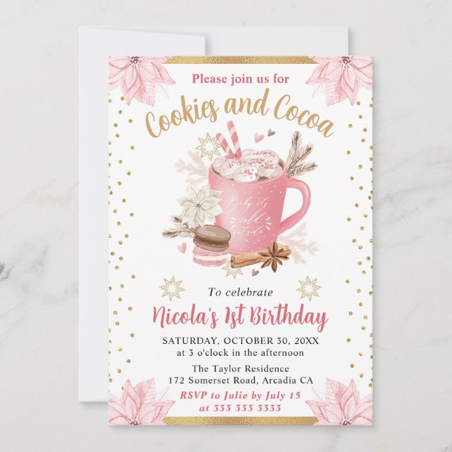 Watercolor Pink Winter Cookies and Cocoa Birthday Invitation (Front)
