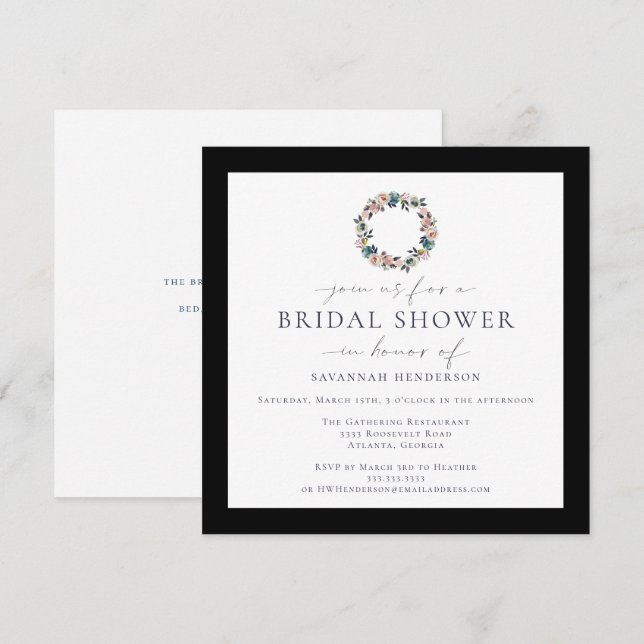 Watercolor Pink Wreath Black Border Bridal Shower Invitation (Front/Back)