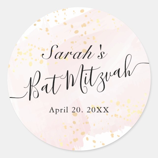 Watercolor Pink x Gold Bat Mitzvah Classic Round Sticker (Front)