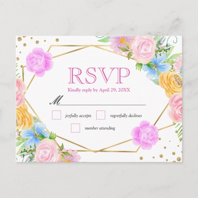Watercolor Pink Yellow Blue Flowers Wedding Postcard (Front)