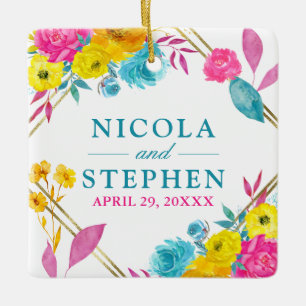 Watercolor Pink Yellow Blue Summer Flowers Wedding Ceramic Ornament