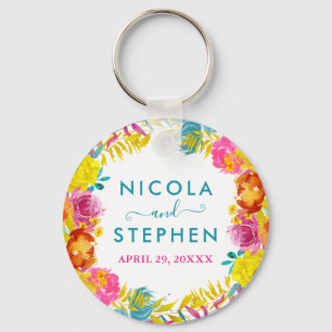 Watercolor Pink Yellow Blue Summer Flowers Wedding Keychain