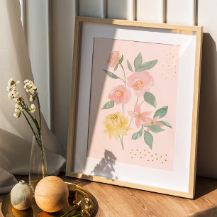 Watercolor Pink Yellow Floral Botanical Polka Dot Foil Prints