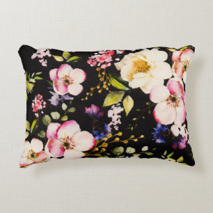 Watercolor Pink Yellow Roses Black Background Accent Pillow