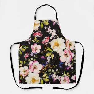 Watercolor Pink Yellow Roses Black Background Apron