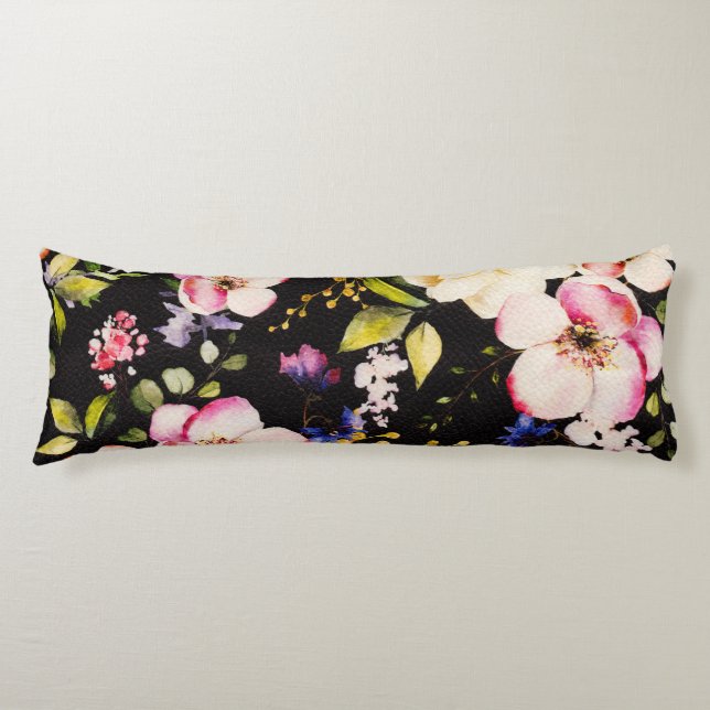 Watercolor Pink Yellow Roses Black Background Body Pillow (Front)