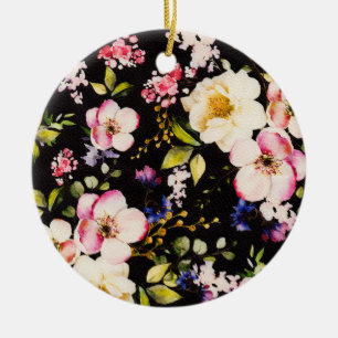 Watercolor Pink Yellow Roses Black Background Ceramic Ornament