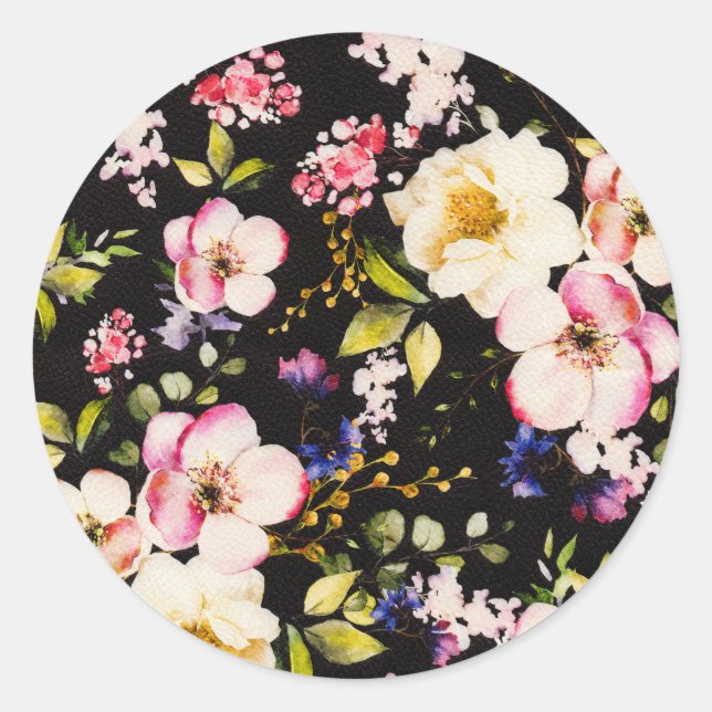 Watercolor Pink Yellow Roses Black Background Classic Round Sticker (Front)