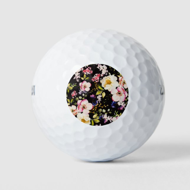 Watercolor Pink Yellow Roses Black Background Golf Balls (Front)