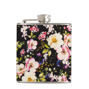 Watercolor Pink Yellow Roses Black Background Hip Flask
