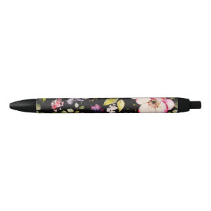 Watercolor Pink Yellow Roses Black Background Ink Pen