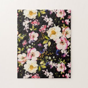 Watercolor Pink Yellow Roses Black Background Jigsaw Puzzle