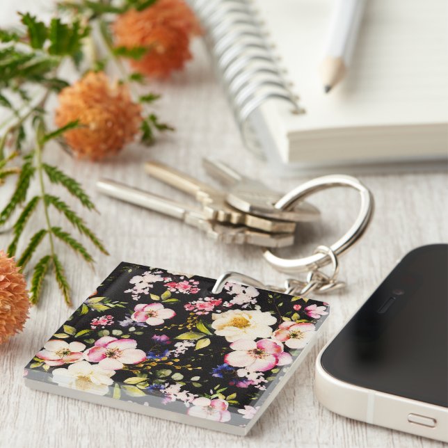 Watercolor Pink Yellow Roses Black Background Keychain (Front Right)