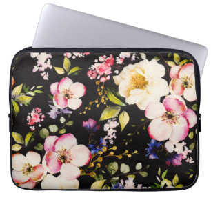 Watercolor Pink Yellow Roses Black Background Laptop Sleeve