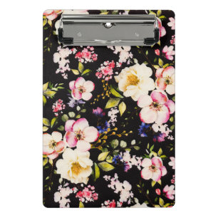 Watercolor Pink Yellow Roses Black Background Mini Clipboard