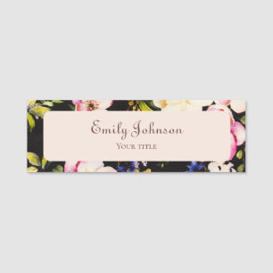 Watercolor Pink Yellow Roses Black Background Name Tag