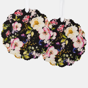 Watercolor Pink Yellow Roses Black Background Ornament Card