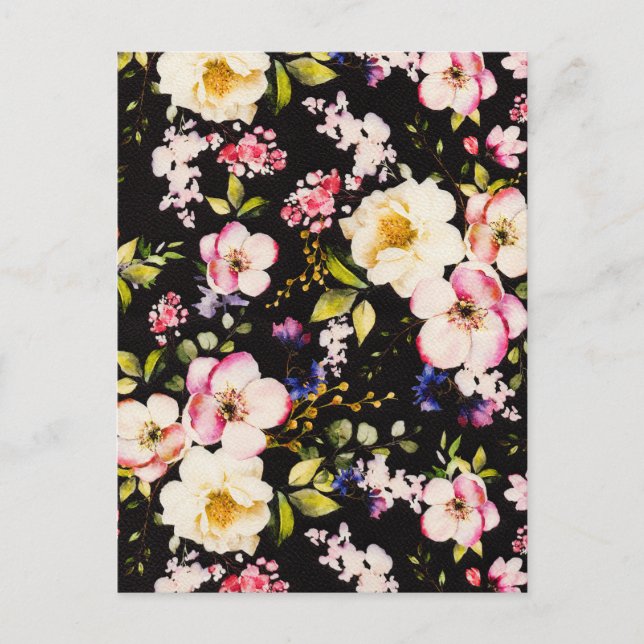 Watercolor Pink Yellow Roses Black Background Postcard (Front)