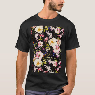 Watercolor Pink Yellow Roses Black Background T-Shirt
