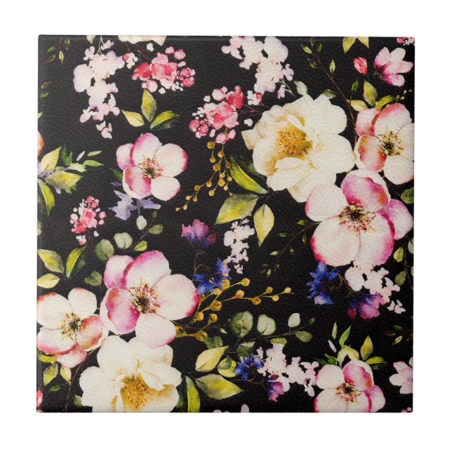 Watercolor Pink Yellow Roses Black Background Tile (Front)