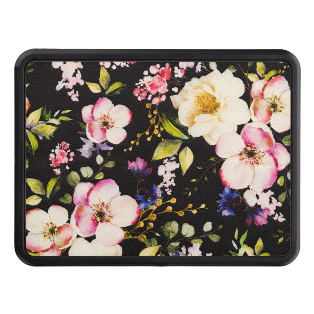 Watercolor Pink Yellow Roses Black Background Trailer Hitch Cover (Front)
