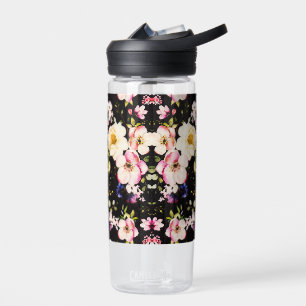 Watercolor Pink Yellow Roses Black Background Water Bottle