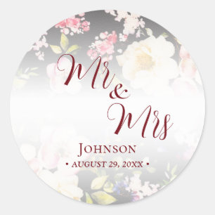 Watercolor Pink Yellow Roses,black blurred,Wedding Classic Round Sticker